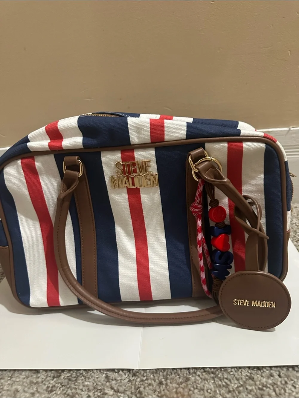 Steve Madden Navy, White & Red Striped Satchel with Tan Handles